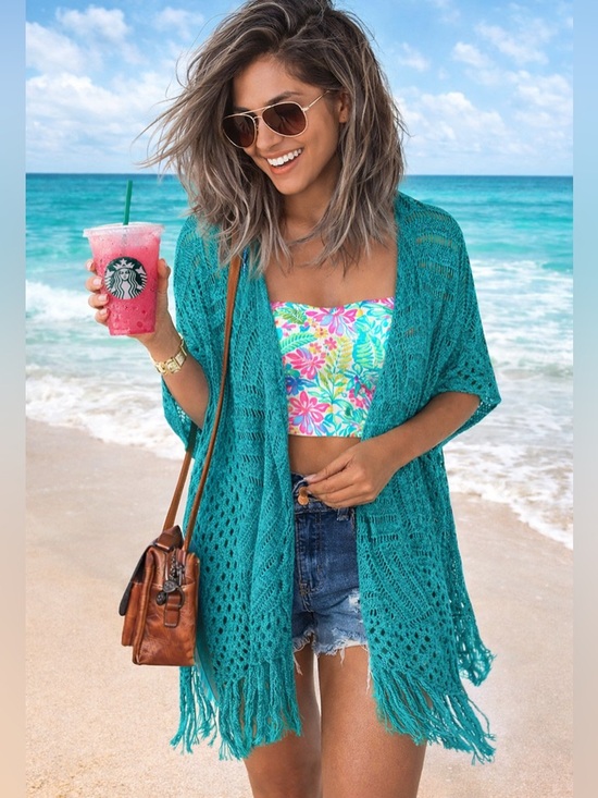 None Sweaters - Teal Crochet Kimono Cardigan Fringe Beach Coverup– Sz Medium